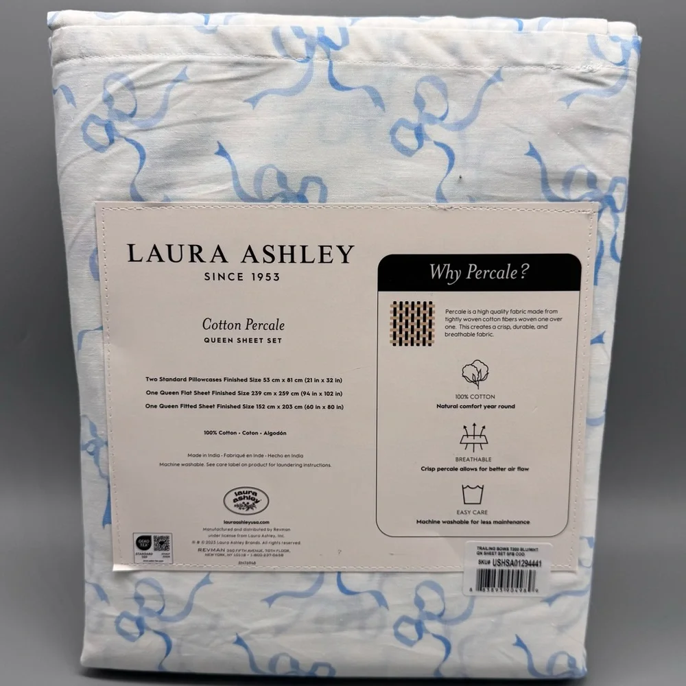 4pc Laura Ashley QUEEN Sheet Set Blue TRAILING BOWS Ribbon Coquette Cottage NEW